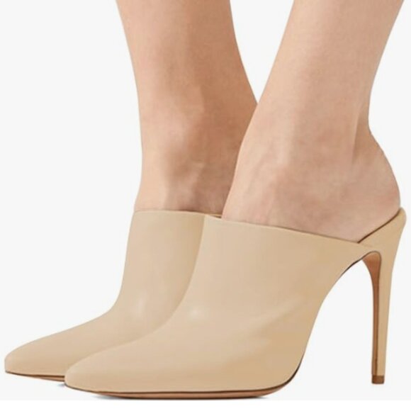 FSJ Nude Matte Slip On Pointed Toe Mules Slide Sandals Stiletto High Heels Shoes - Picture 1 of 8